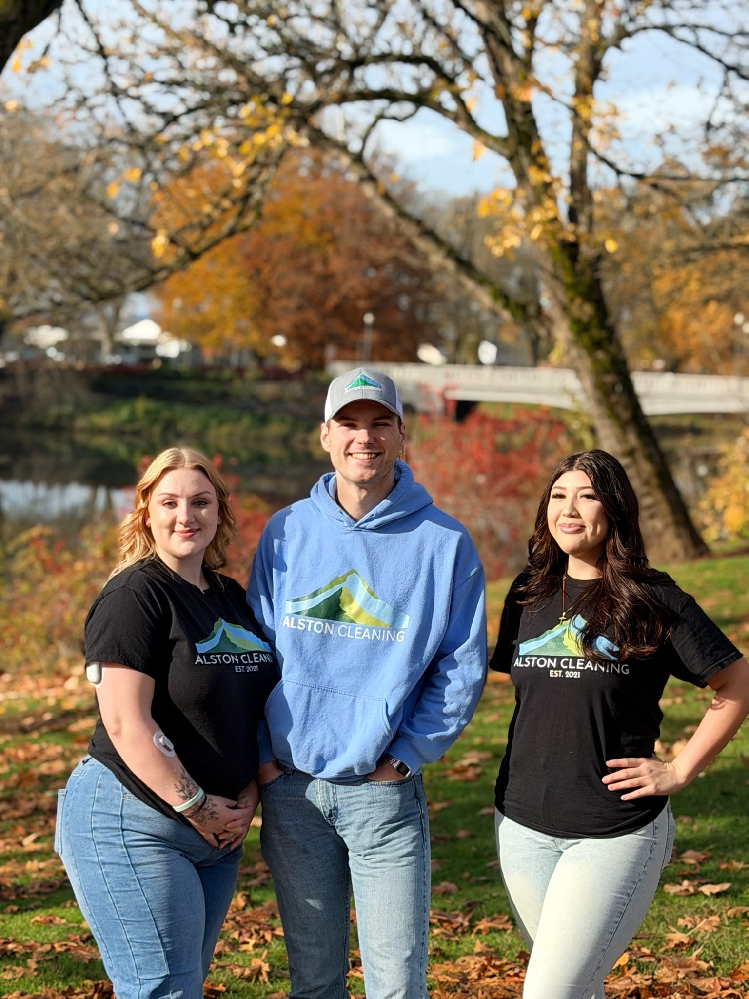 Alston Cleaning team in Longview, our crew in Alston gear, fall day outdoors
